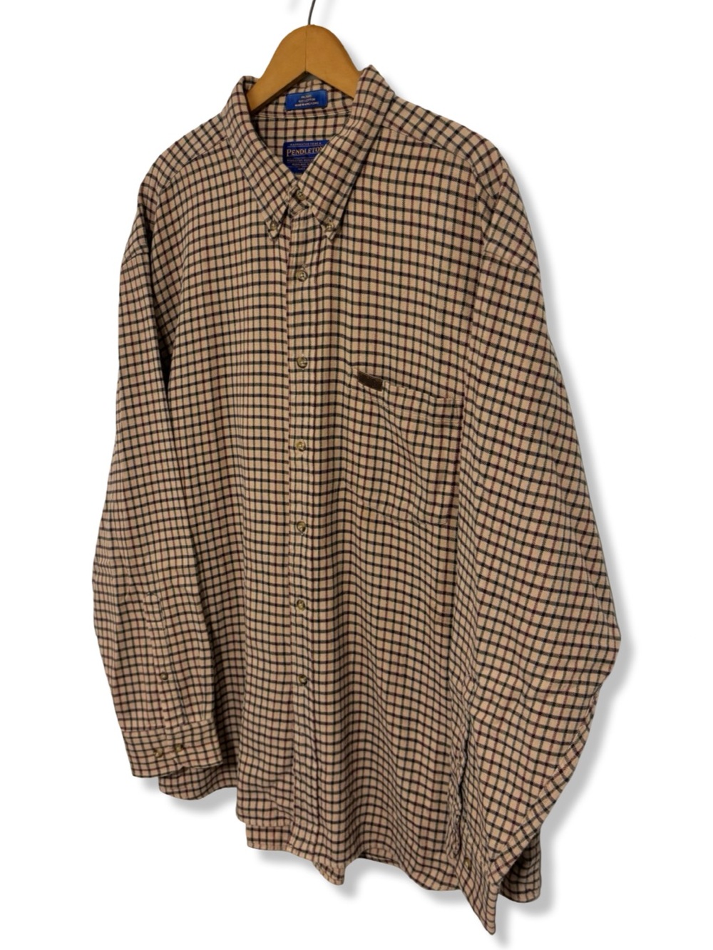 Vintage Pendleton Men's Beige and Black Checked Button-Up Shirt